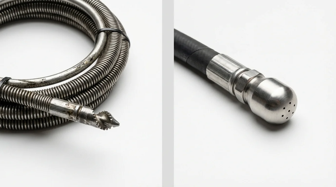 Drain snake cable and hydro jetting nozzle used for drain cleaning in Milford, IN