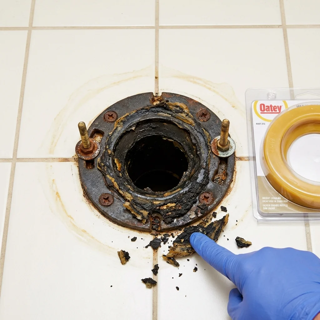 Failed wax ring showing water seepage at the base of a toilet in a Milford, IN home