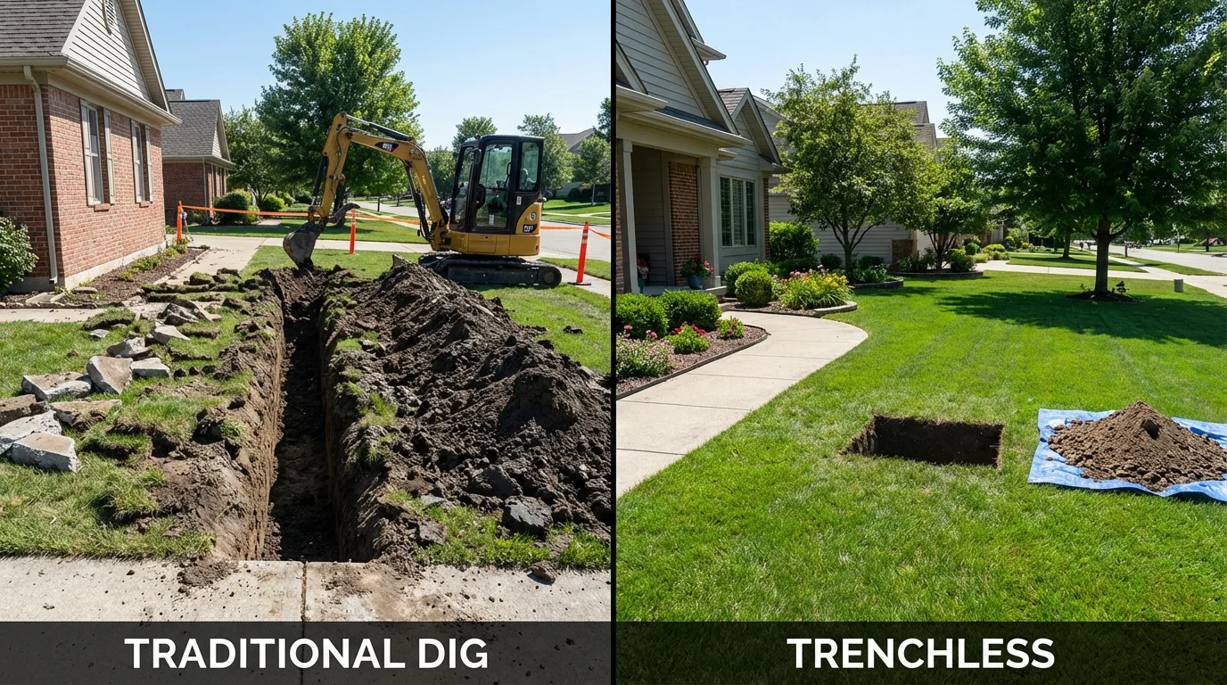 Trenchless sewer repair with minimal yard damage versus traditional excavation in Milford, IN